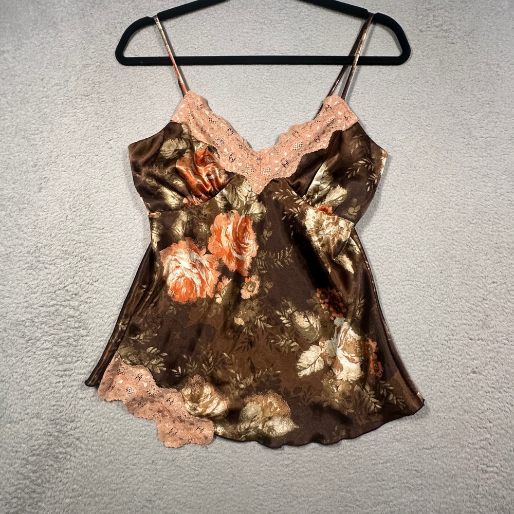 Vintage 90s Studio Y Cami Women M Brown Floral Lace Trim Satin Tank Top USA Made
